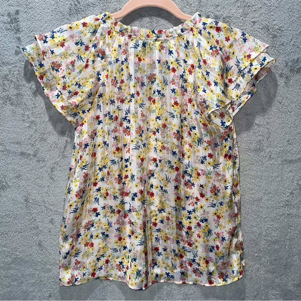Banana Replubic Floral Printed Sheer Pleated Cap Ruffle Sleeves Blouse Size M - Picture 2 of 10
